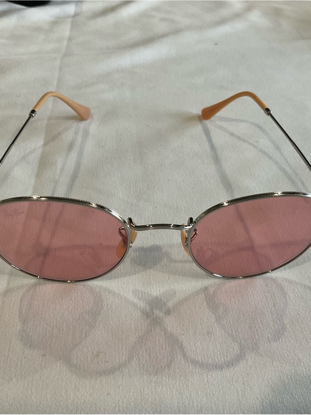 Ray-Ban Oval Sunglasses with Pink Lenses and Tan Temple Tips